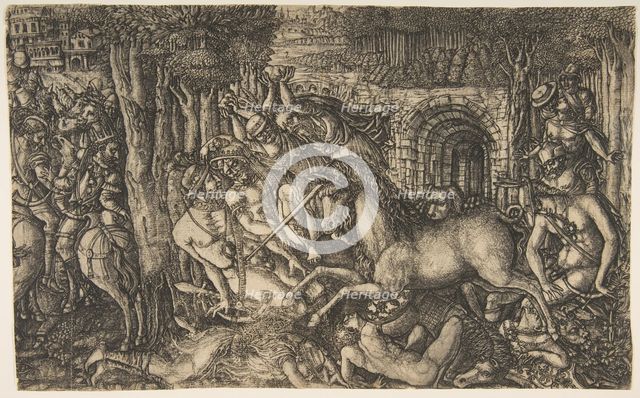 A King Pursued by a Unicorn, from the Unicorn Series, ca. 1555. Creator: Jean Duvet.