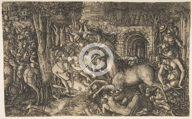 A King Pursued by a Unicorn, from the Unicorn Series, ca. 1555. Creator: Jean Duvet.