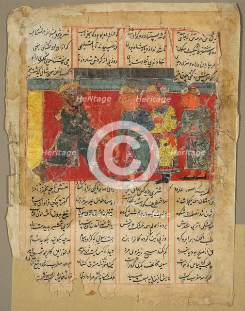 A King Receiving Three Men, page from the Khamsa of Amir Khusrau Dihlavi, 1450-1500. Creator: Unknown.