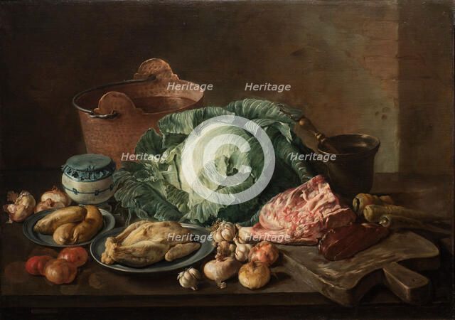 A kitchen still life with meat and vegetables on a table top. Creator: Ceruti, Giacomo Antonio (1698-1767).
