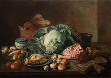A kitchen still life with meat and vegetables on a table top. Creator: Ceruti, Giacomo Antonio (1698-1767)