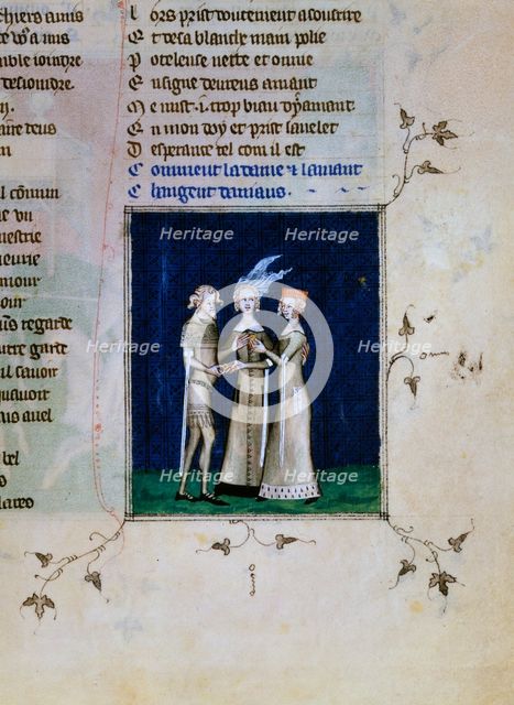 A knight and a lady exchanging rings, c1350. Artist: Unknown