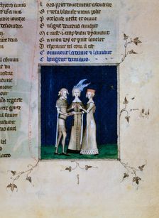 A knight and a lady exchanging rings, c1350