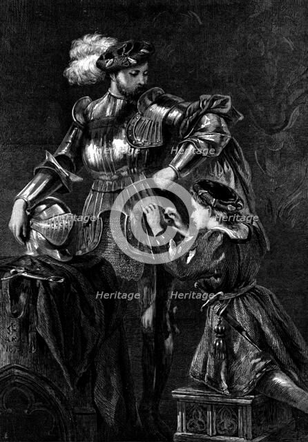 "A Knight Arming", by Sir John Gilbert; Exhibition of the Society of Painters in Water Colours, 1873 Creator: Unknown.