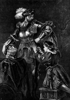 "A Knight Arming", by Sir John Gilbert; Exhibition of the Society of Painters in Water Colours, 1873 Creator: Unknown