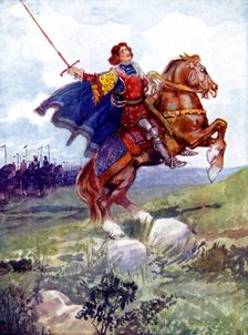 A knight riding a rearing horse