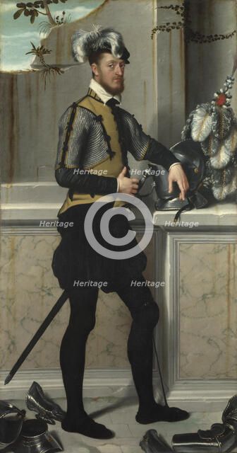 A Knight with his Jousting Helmet (Il Cavaliere dal Piede Ferito, Conte Faustino Avogadro (?), ca 1554. Artist: Moroni, Giovan Battista (1520/25-1578)