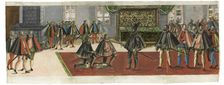 A knighting. From the "Ordentliche Beschreibung mit was stattlichen Ceremonien..., 1587. Creator: Boys (Waiss), Anton (1530/50-after 1593)