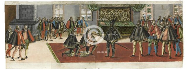 A knighting. From the "Ordentliche Beschreibung mit was stattlichen Ceremonien..., 1587. Creator: Boys (Waiss), Anton (1530/50-after 1593).