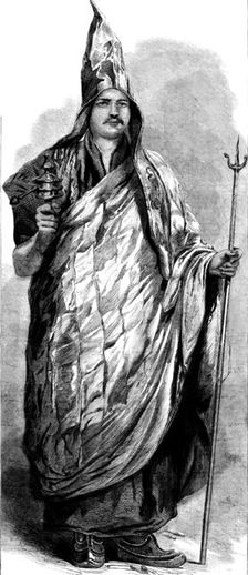 A Lama of the Dalai Sect, Thibet, with his Praying-Wheel and Trident, 1858. Creator: Unknown