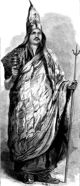 A Lama of the Dalai Sect, Thibet, with his Praying-Wheel and Trident, 1858. Creator: Unknown.