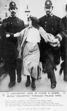 A Lancashire lassie escorted through the palace yard, Westminster Palace, London, March 1907. Creator: Unknown