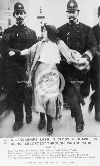 A 'Lancashire lassie' escorted through the palace yard, Westminster Palace, London, March 1907. Artist: Unknown