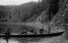 A Land-Management Expedition Boat by the Shore of the Mrassu River, 1913. Creator: GI Ivanov