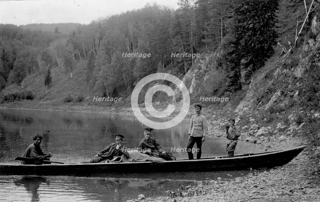 A Land-Management Expedition Boat by the Shore of the Mrassu River, 1913. Creator: GI Ivanov.