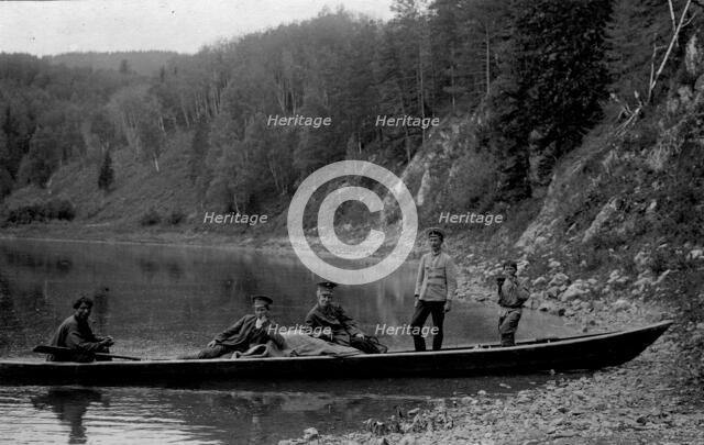 A Land-Management Expedition Boat by the Shore of the Mrassu River, 1913. Creator: GI Ivanov.