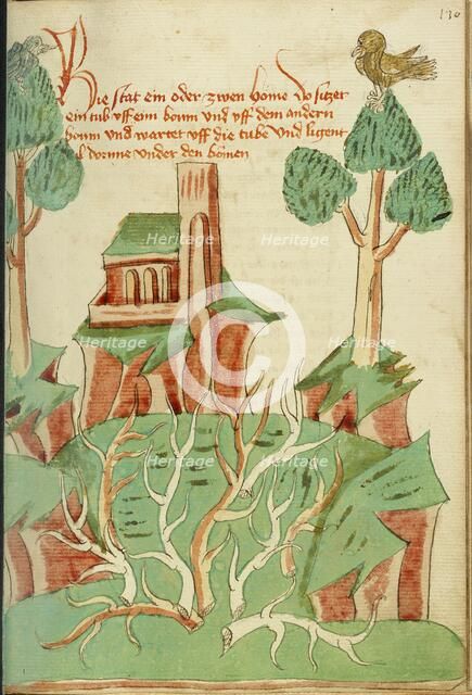 A Landscape with Trees, Thorn Bushes, and a Dove; Barlaam und Josaphat, 1469. Creators: Hans Schilling, Diebolt Lauber.