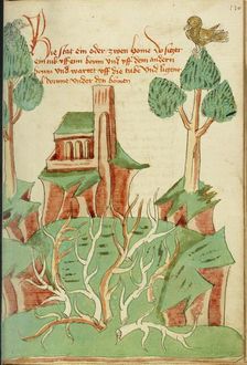 A Landscape with Trees, Thorn Bushes, and a Dove; Barlaam und Josaphat, 1469. Creators: Hans Schilling, Diebolt Lauber
