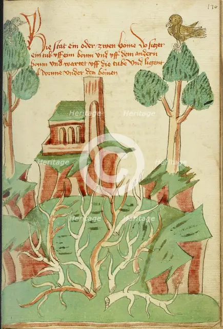 A Landscape with Trees, Thorn Bushes, and a Dove; Barlaam und Josaphat, 1469. Creators: Hans Schilling, Diebolt Lauber.