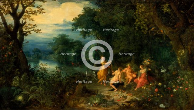 A landscape with wood; Diana offers a hare to a nymph; Silenus and Ceres in foreground, c1614. Artist: Abraham Govaerts