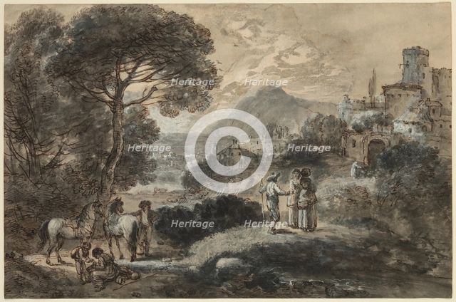 A Landscape with Horses, Peasants and a Hill Town, 18th century. Creator: Francesco Zuccarelli.