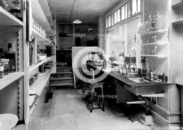 A laboratory, possibly at the Hahnemann Hospital and Homeopathic Dispensaries, Liverpool, [1910?]. Creator: Unknown.