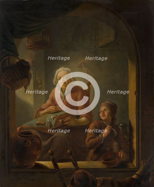 A Lacemaker, with a Boy Blowing Bubbles. Creator: Louis de Moni.