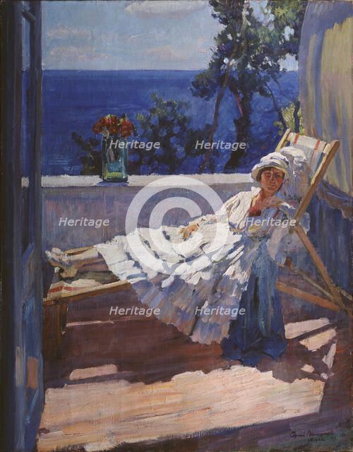 A lady on the balcony, 1916. Artist: Vinogradov, Sergei Arsenyevich (1869-1938)