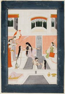 A lady at her toilette listens to music by the side of a palace water cascade, c. 1780. Creator: Unknown