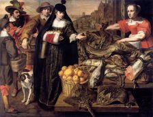 A lady at the fish market in Antwerp, 1630-1640. Creator: Utrecht, Adriaen van (1599-1652)