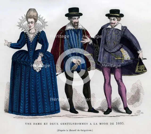A lady and two gentlemen in French dress of 1605 (1882-1884). Artist: Unknown