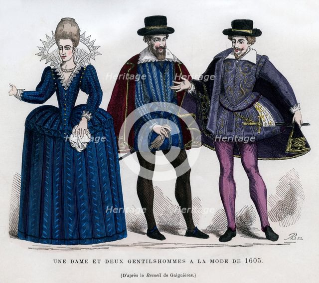 A lady and two gentlemen in French dress of 1605 (1882-1884). Artist: Unknown