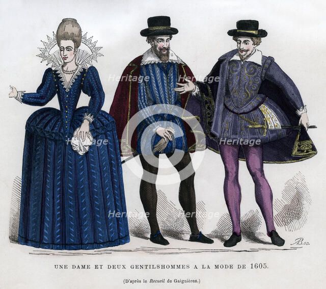 A lady and two gentlemen in French dress of 1605 (1882-1884). Artist: Unknown