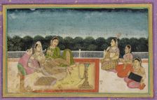 A Lady and attendant on a terrace at evening, with three women musicians, 18th century. Creator: Unknown
