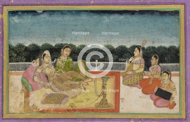 A Lady and attendant on a terrace at evening, with three women musicians, 18th century. Creator: Unknown.