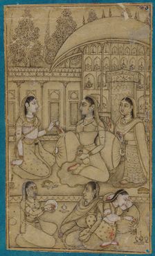 A lady and attendants seated in a courtyard, early 18th century. Creator: Unknown