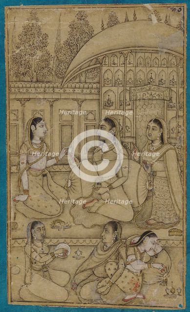 A lady and attendants seated in a courtyard, early 18th century. Creator: Unknown.