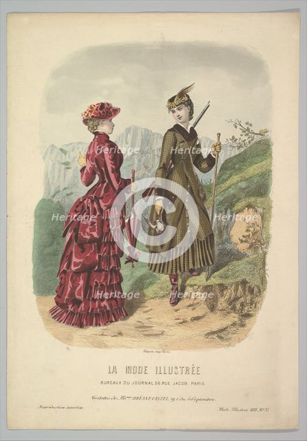 A Lady in a Hunting Costume with a Lady in Walking Costume on a Mountain Path from La Mode..., 1881. Creator: Adèle-Anaïs Colin.