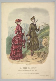 A Lady in a Hunting Costume with a Lady in Walking Costume on a Mountain Path from La Mode..., 1881. Creator: Adèle-Anaïs Colin