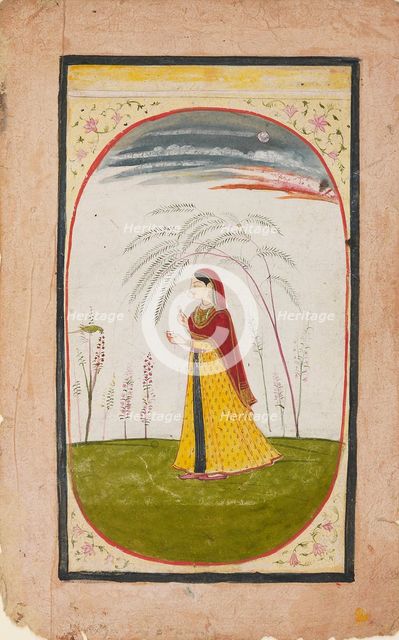 A lady in a sparse landscape, holding a flower and cup, early 19th century. Artist: Unknown.