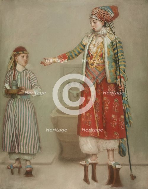 A lady in Turkish costume with her servant at the hammam, Mid of the 18th cen.. Artist: Liotard, Jean-Étienne (1702-1789)