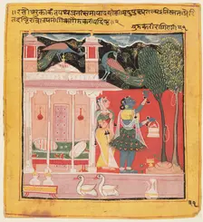 A Lady Plucking Flowers with Peacocks, Gunakali Ragini of Malkos, from the "Chawand Ragamala", 1605. Creator: Unknown
