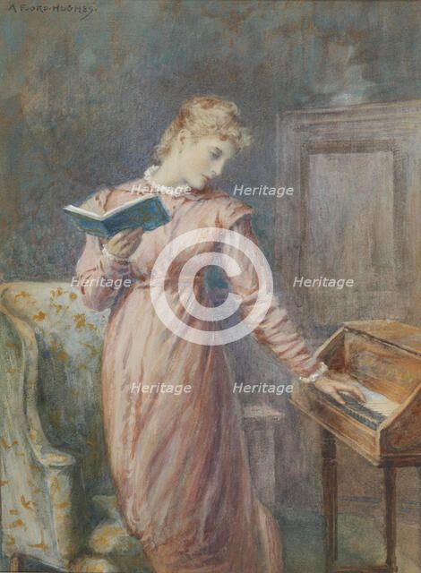 A lady reading while playing the spinet. Creator: Hughes, Arthur Foord (1856-1934).