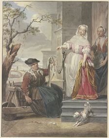 A lady stands with her maid in front of her house, haggling with a fishmonger, 1780. Creator: Jacobus Buys