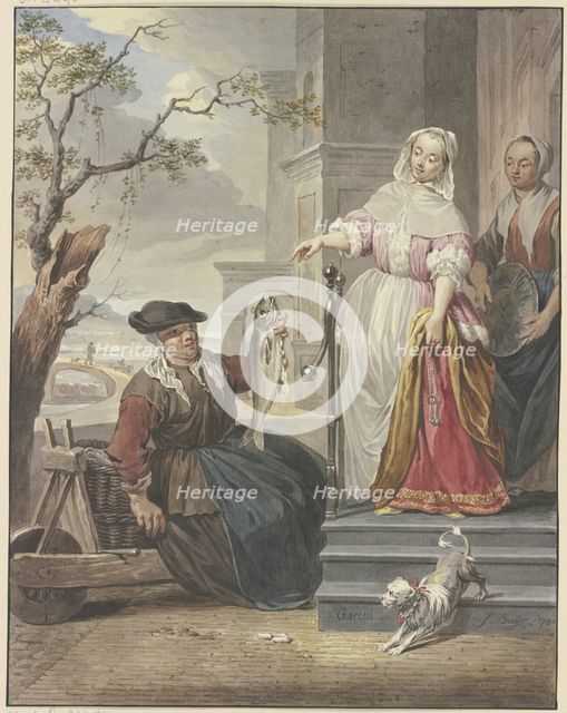 A lady stands with her maid in front of her house, haggling with a fishmonger, 1780. Creator: Jacobus Buys.