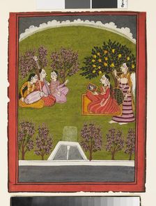 A lady seated with a mirror in a garden, with a maid and three musicians, c1919