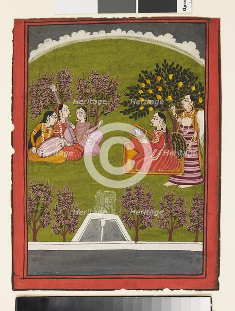 A lady seated with a mirror in a garden, with a maid and three musicians, c1919. Artist: Unknown.