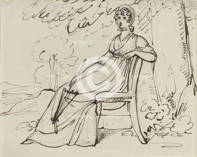 A Lady Seated with a Parasol, on or after 1794. Creator: Samuel Woodforde.