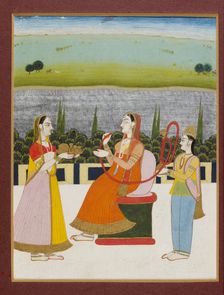 A lady seated smoking on a terrace, with two attendants, 19th century (1801-1900)