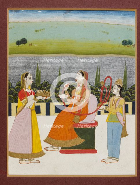 A lady seated smoking on a terrace, with two attendants, 19th century (1801-1900). Artist: Unknown.